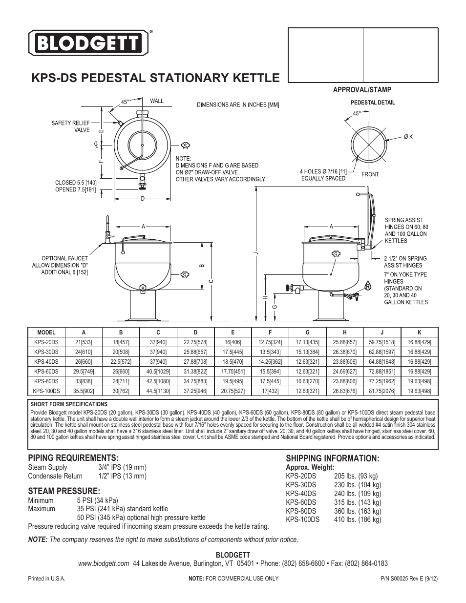 Kps-ds pedestal stationary kettle, Piping requirements, Steam pressure | Shipping information | Blodgett KPS-DS User Manual | Page 2 / 2