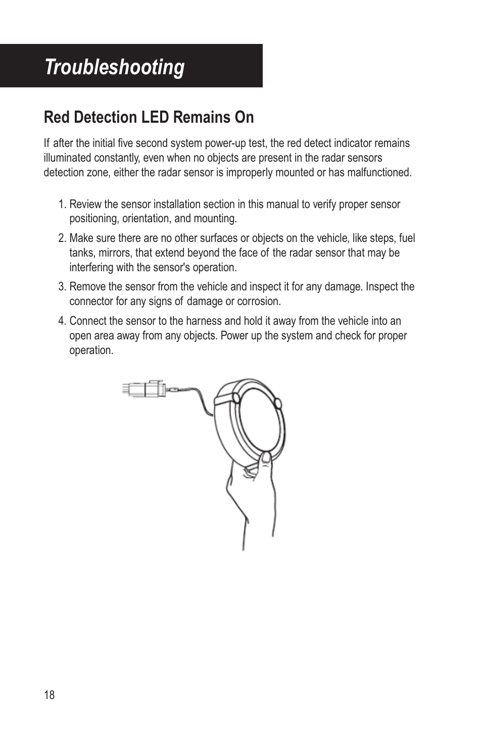 Troubleshooting, Red detection led remains on | Bendix Commercial Vehicle Systems BLINDSPOTTER INSTALLATION GUIDE User Manual | Page 20 / 30