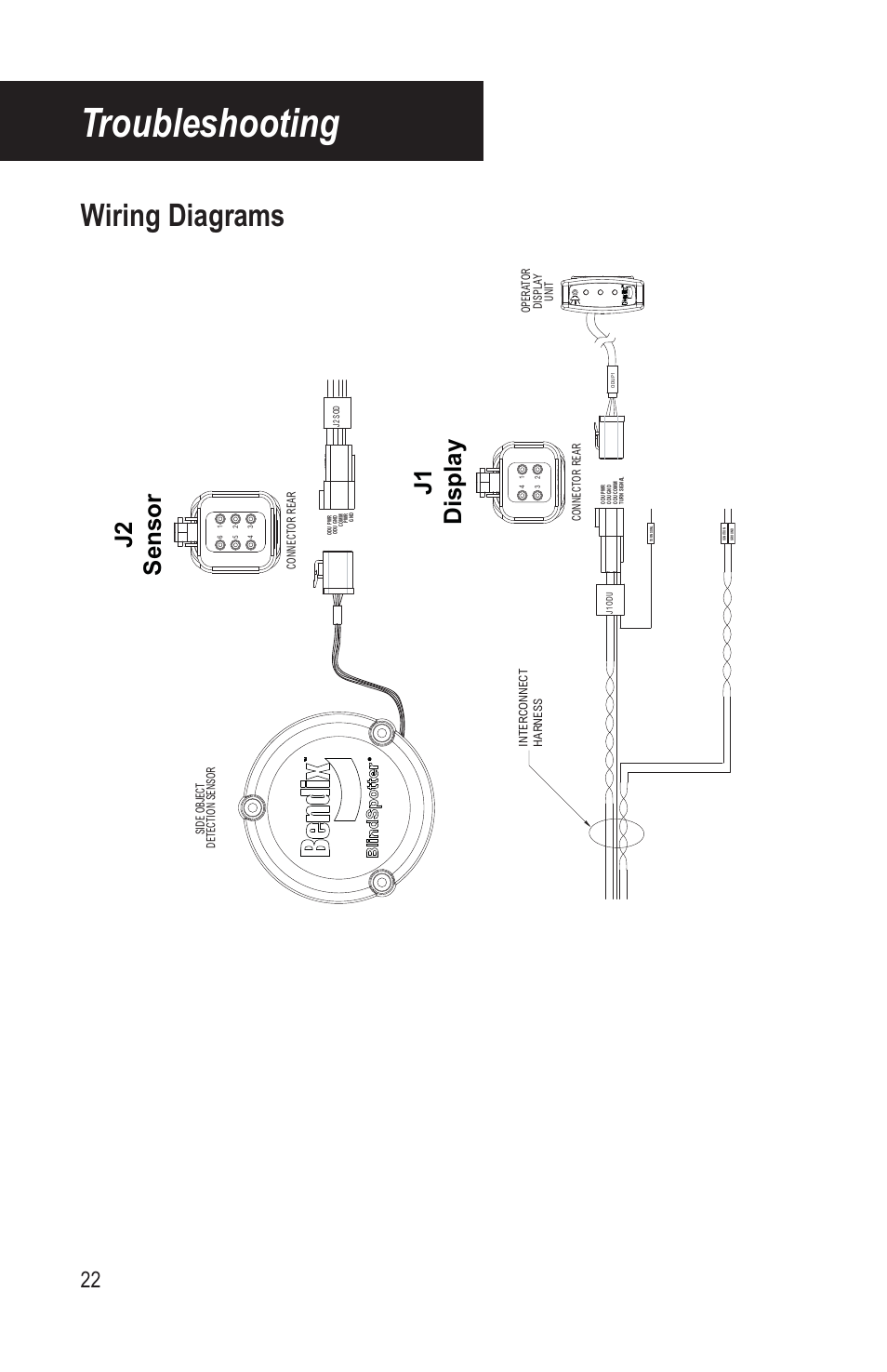 Troubleshooting, Wiring diagrams, J1 display j2 sensor | Bendix Commercial Vehicle Systems BLINDSPOTTER INSTALLATION GUIDE User Manual | Page 24 / 30