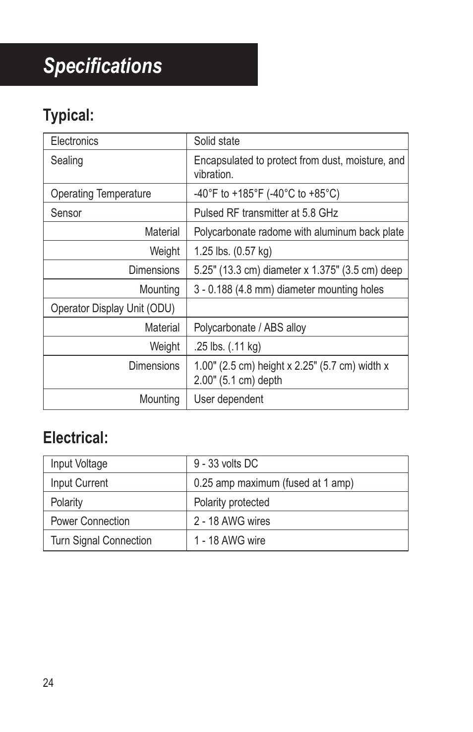 Specifi cations, Typical, Electrical | Bendix Commercial Vehicle Systems BLINDSPOTTER INSTALLATION GUIDE User Manual | Page 26 / 30