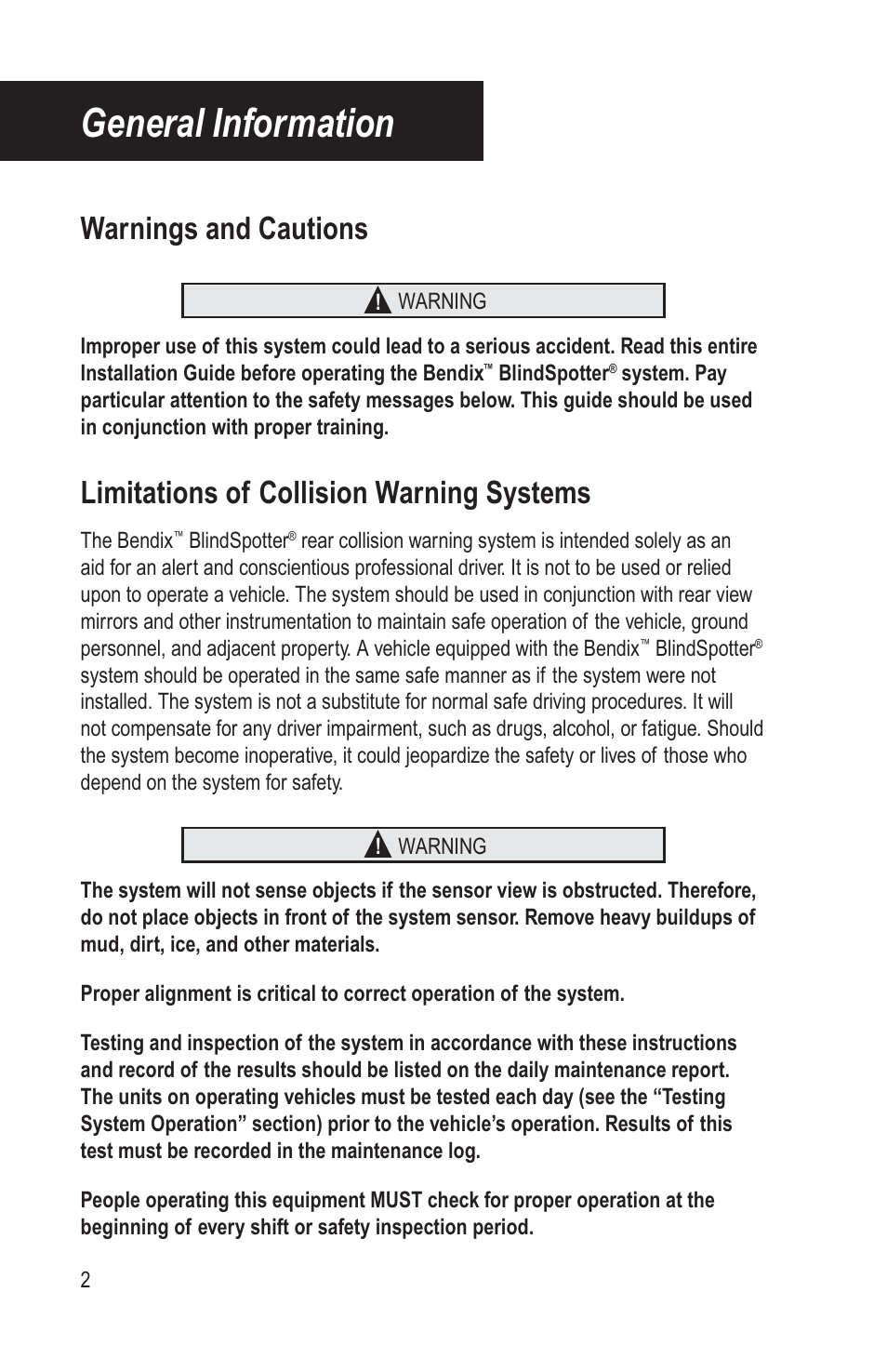 General information, Warnings and cautions, Limitations of collision warning systems | Bendix Commercial Vehicle Systems BLINDSPOTTER INSTALLATION GUIDE User Manual | Page 4 / 30