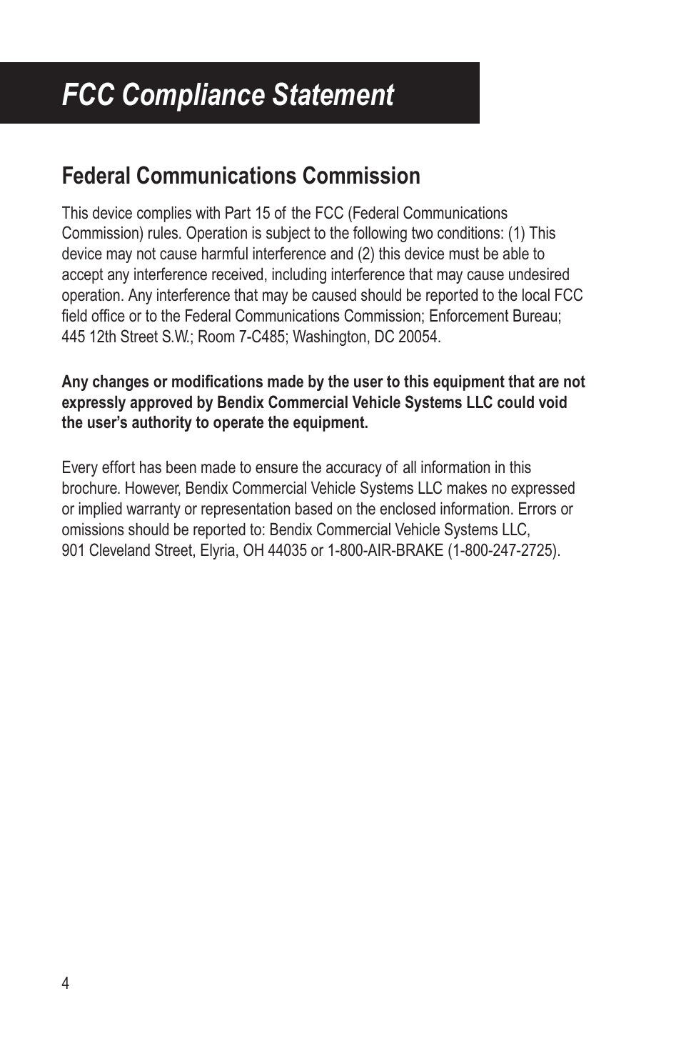 Fcc compliance statement, Federal communications commission | Bendix Commercial Vehicle Systems BLINDSPOTTER INSTALLATION GUIDE User Manual | Page 6 / 30