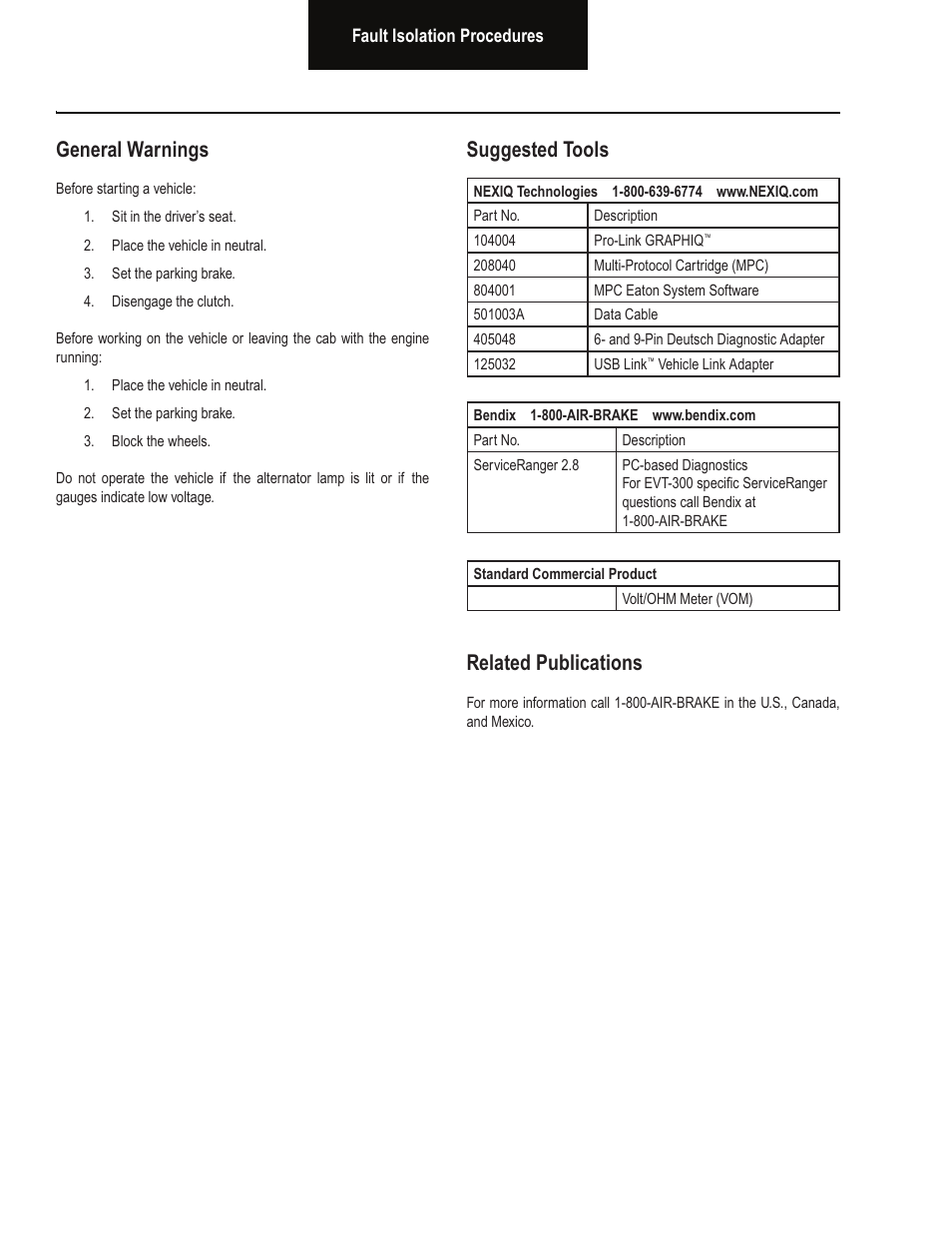 General warnings, Related publications, Suggested tools | Bendix Commercial Vehicle Systems VORAD EVT-300 TROUBLESHOOTING User Manual | Page 2 / 114