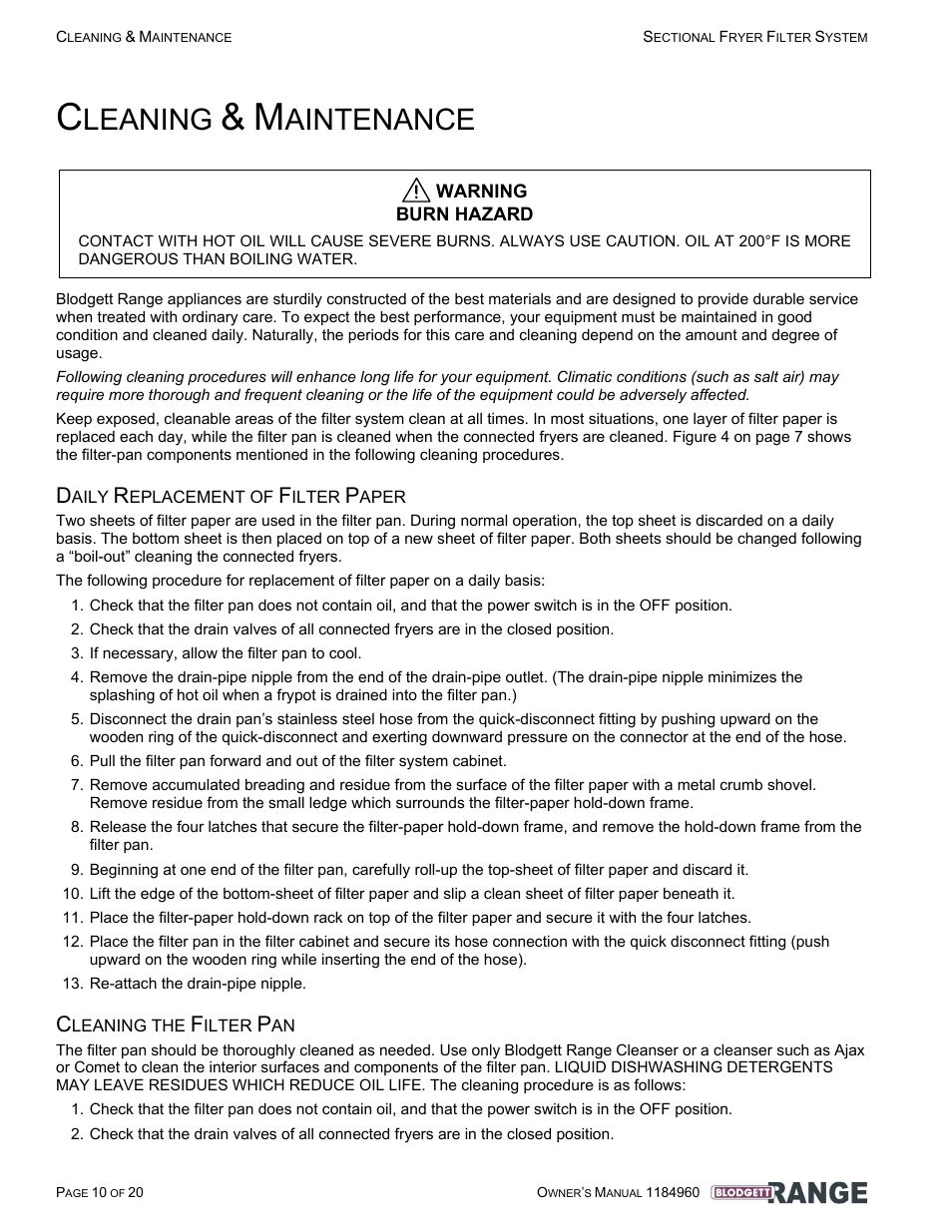 Cleaning & maintenance, Daily replacement of filter paper, Cleaning the filter pan | Ge 10, Leaning, Aintenance | Blodgett B24C-FF User Manual | Page 10 / 20