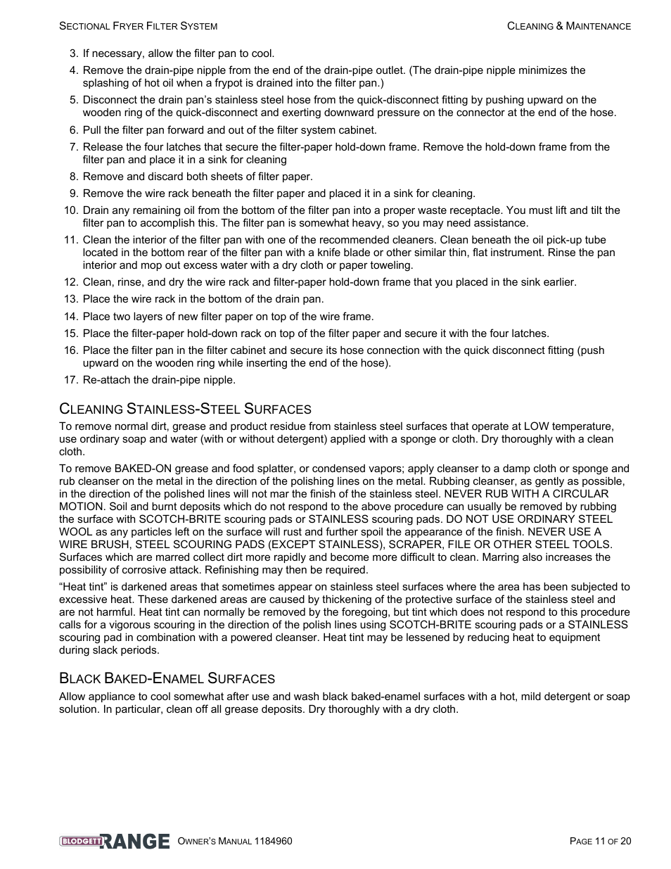 Cleaning stainless-steel surfaces, Black baked-enamel surfaces | Blodgett B24C-FF User Manual | Page 11 / 20