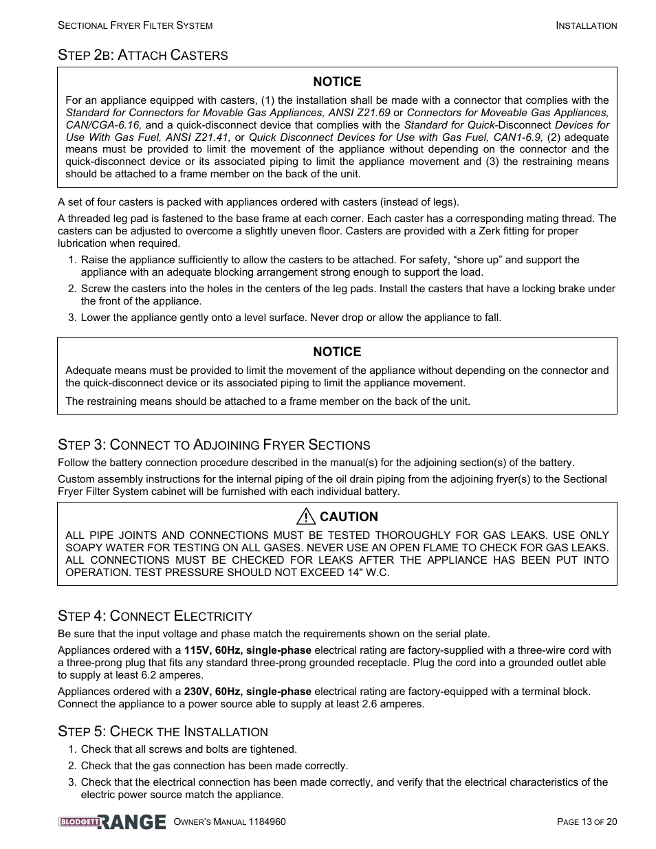 Step 2b: attach casters, Step 3: connect to adjoining fryer sections, Step 4: connect electricity | Step 5: check the installation | Blodgett B24C-FF User Manual | Page 13 / 20