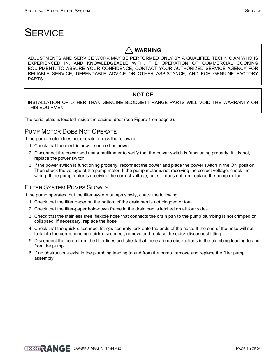 Service, Pump motor does not operate, Filter system pumps slowly | Ervice | Blodgett B24C-FF User Manual | Page 15 / 20
