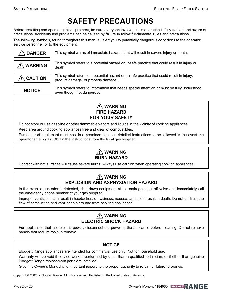 Safety precautions, Danger, Warning | Caution, Notice, Warning fire hazard for your safety, Warning burn hazard, Warning explosion and asphyxiation hazard, Warning electric shock hazard | Blodgett B24C-FF User Manual | Page 2 / 20