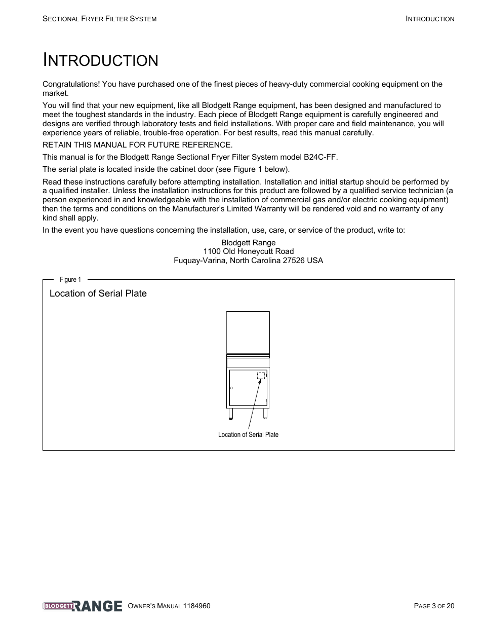 Introduction, Location of serial plate, Ntroduction | Blodgett B24C-FF User Manual | Page 3 / 20