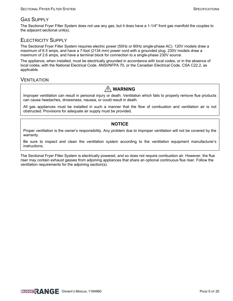 Gas supply, Electricity supply, Ventilation | Blodgett B24C-FF User Manual | Page 5 / 20