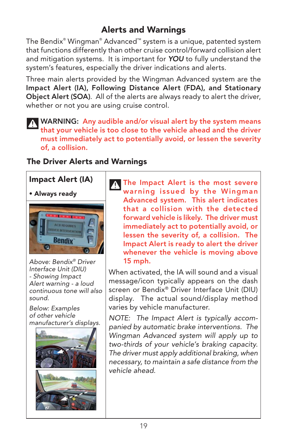 Alerts and warnings, The driver alerts and warnings impact alert (ia) | Bendix Commercial Vehicle Systems WINGMAN ADVANCED OPERATORS MANUAL User Manual | Page 19 / 28