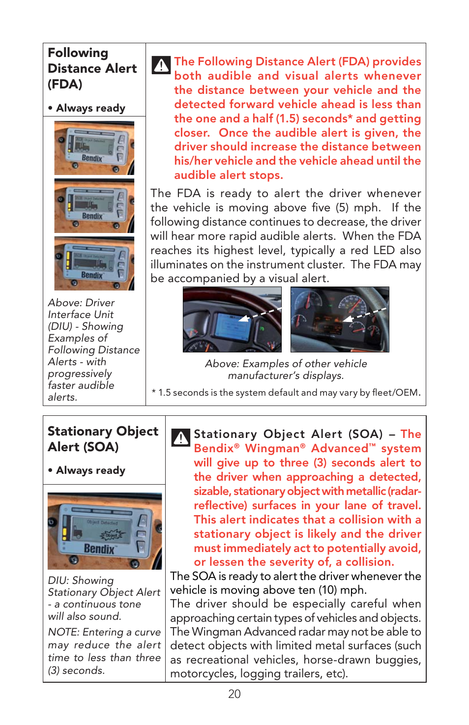 Following distance alert (fda), Stationary object alert (soa) | Bendix Commercial Vehicle Systems WINGMAN ADVANCED OPERATORS MANUAL User Manual | Page 20 / 28
