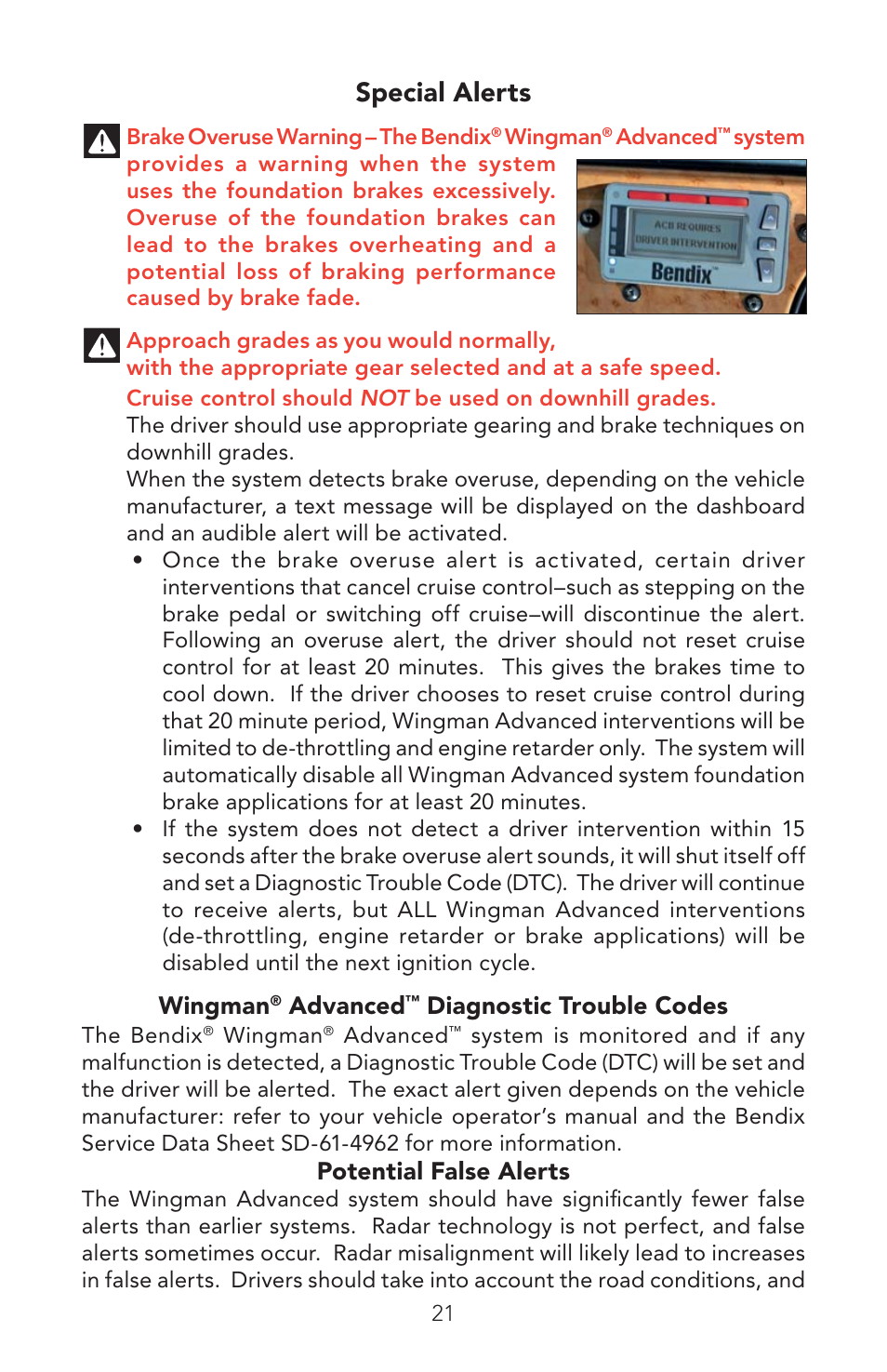 Special alerts, Wingman, Advanced | Diagnostic trouble codes, Potential false alerts | Bendix Commercial Vehicle Systems WINGMAN ADVANCED OPERATORS MANUAL User Manual | Page 21 / 28