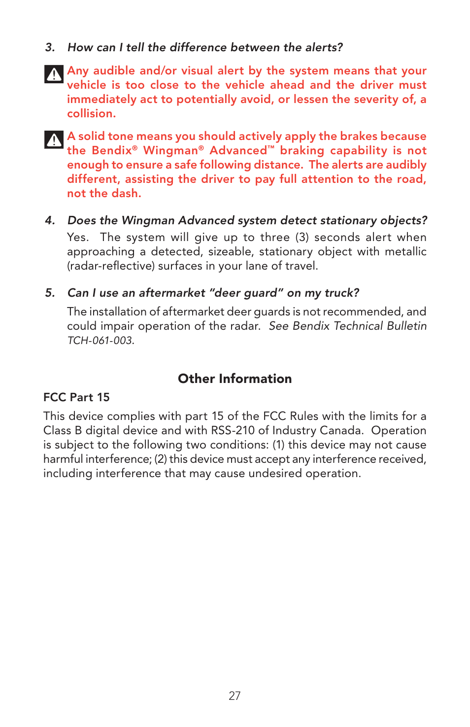 Bendix Commercial Vehicle Systems WINGMAN ADVANCED OPERATORS MANUAL User Manual | Page 27 / 28