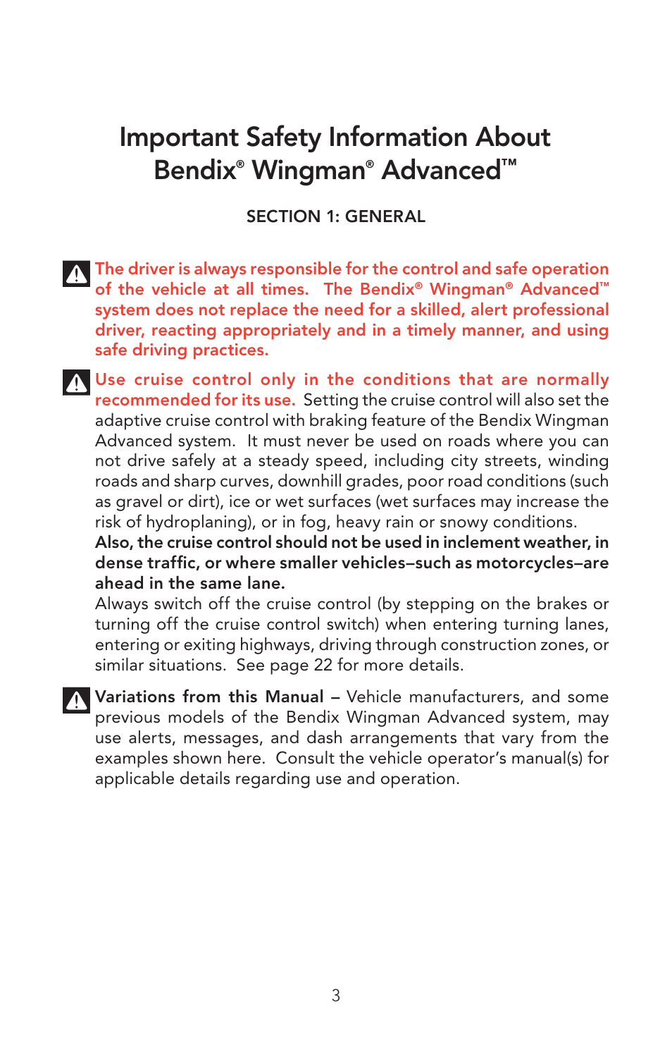 Important safety information about bendix, Wingman, Advanced | Bendix Commercial Vehicle Systems WINGMAN ADVANCED OPERATORS MANUAL User Manual | Page 3 / 28