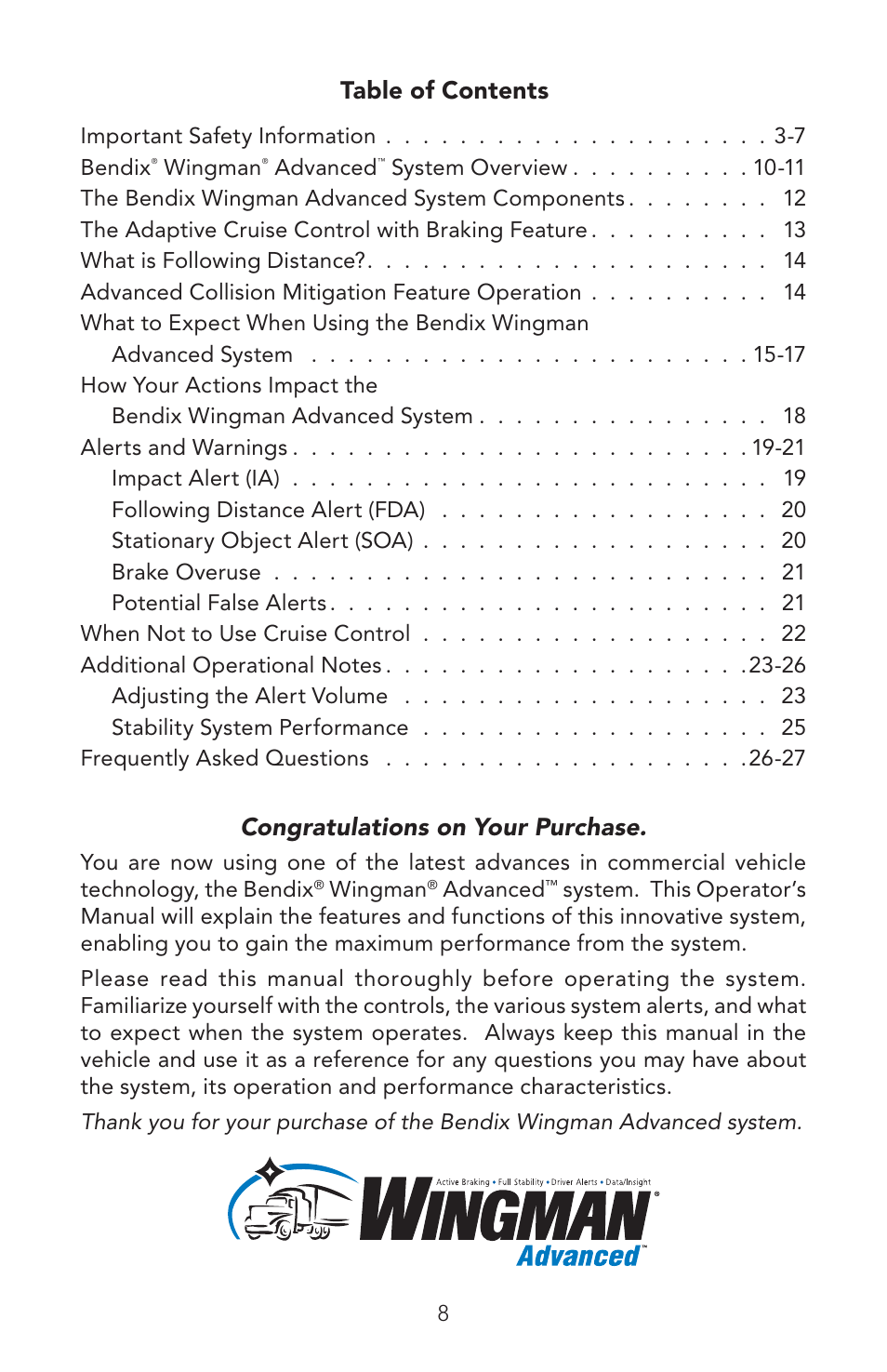 Bendix Commercial Vehicle Systems WINGMAN ADVANCED OPERATORS MANUAL User Manual | Page 8 / 28