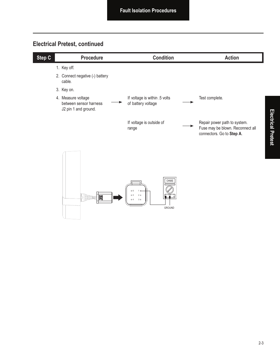 Electrical pretest, continued, Fault isolation procedures electrical pr etest, Step c procedure condition action | Bendix Commercial Vehicle Systems BLINDSPOTTER TROUBLESHOOTING GUIDE User Manual | Page 7 / 30