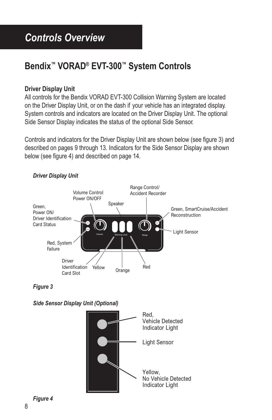 Controls overview, Bendix, Vorad | Evt-300, System controls | Bendix Commercial Vehicle Systems VORAD EVT-300 DRIVER INSTRUCTIONS User Manual | Page 12 / 36