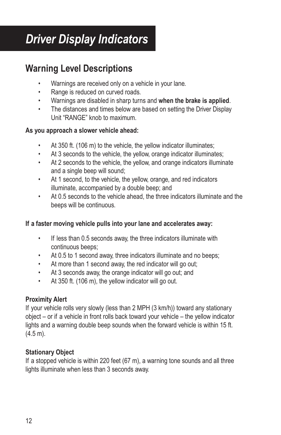 Driver display indicators, Warning level descriptions | Bendix Commercial Vehicle Systems VORAD EVT-300 DRIVER INSTRUCTIONS User Manual | Page 16 / 36