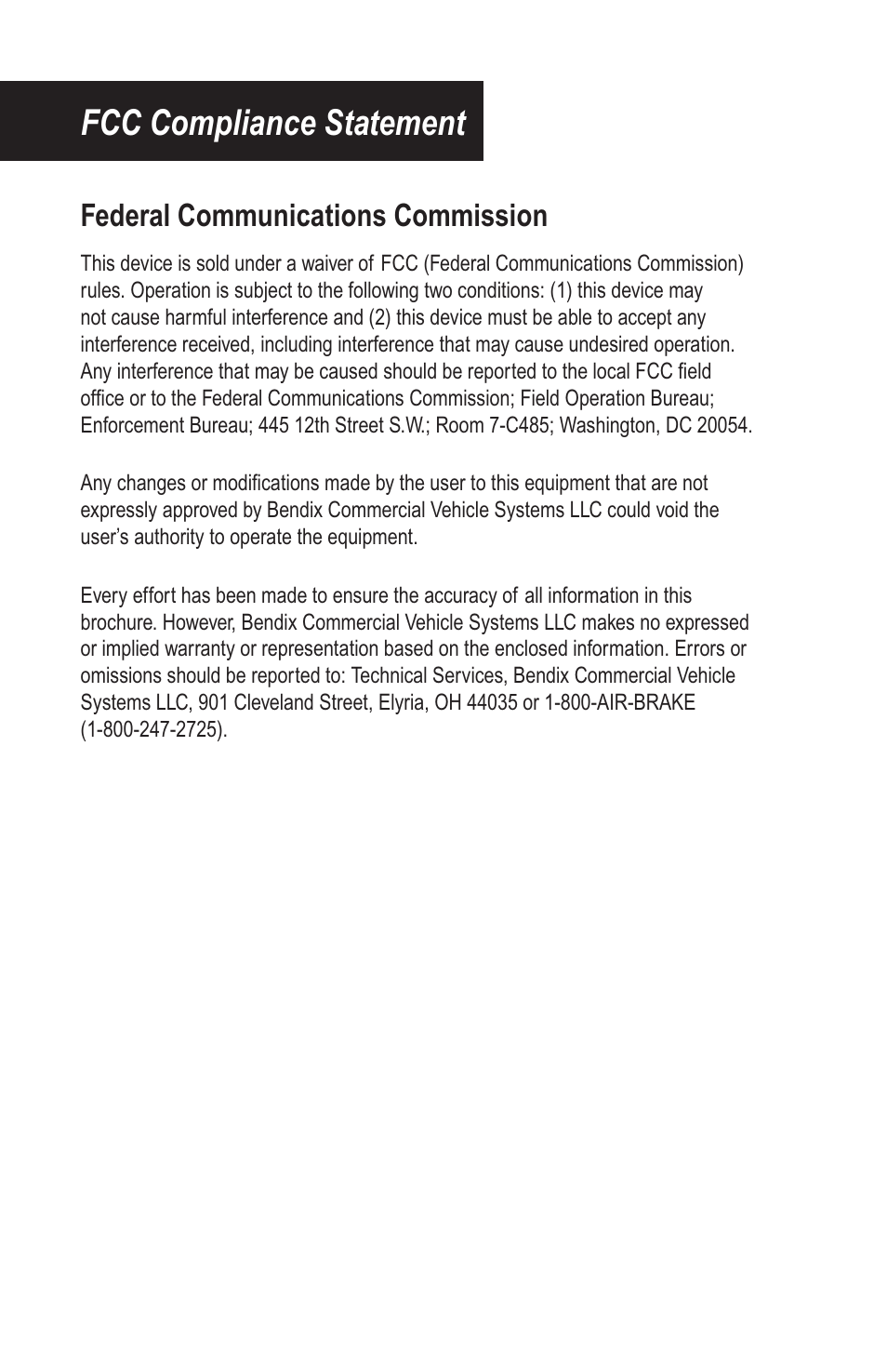 Fcc compliance statement, Federal communications commission | Bendix Commercial Vehicle Systems VORAD EVT-300 DRIVER INSTRUCTIONS User Manual | Page 2 / 36