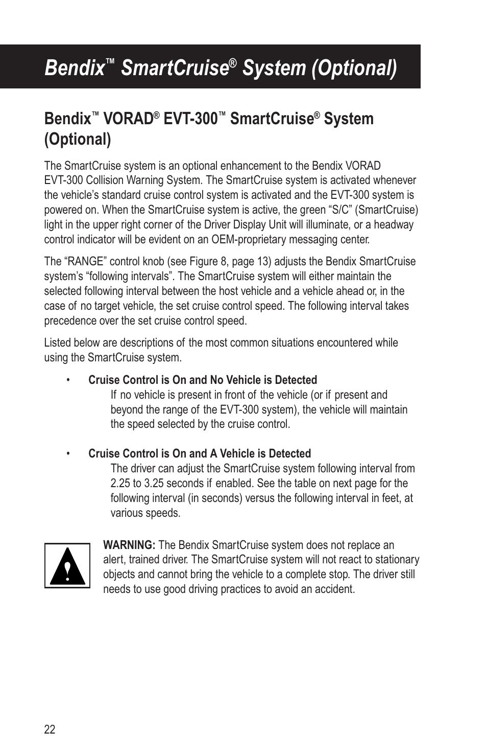 Bendix, Smartcruise, System (optional) | Vorad, Evt-300 | Bendix Commercial Vehicle Systems VORAD EVT-300 DRIVER INSTRUCTIONS User Manual | Page 26 / 36