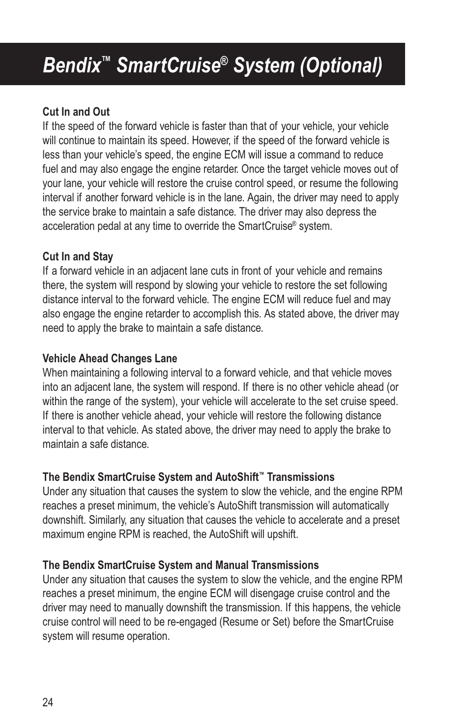 Bendix, Smartcruise, System (optional) | Bendix Commercial Vehicle Systems VORAD EVT-300 DRIVER INSTRUCTIONS User Manual | Page 28 / 36
