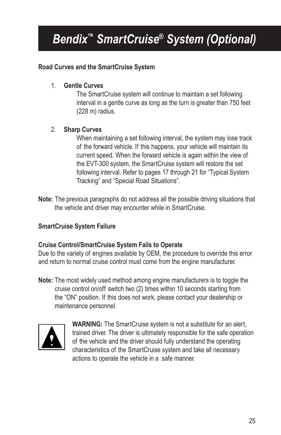 Bendix, Smartcruise, System (optional) | Bendix Commercial Vehicle Systems VORAD EVT-300 DRIVER INSTRUCTIONS User Manual | Page 29 / 36