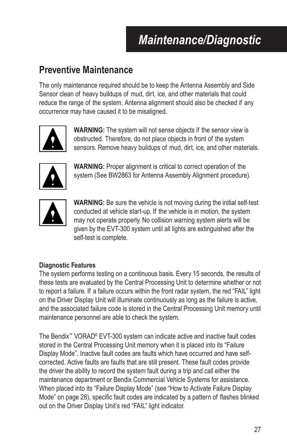 Maintenance/diagnostic, Preventive maintenance | Bendix Commercial Vehicle Systems VORAD EVT-300 DRIVER INSTRUCTIONS User Manual | Page 31 / 36