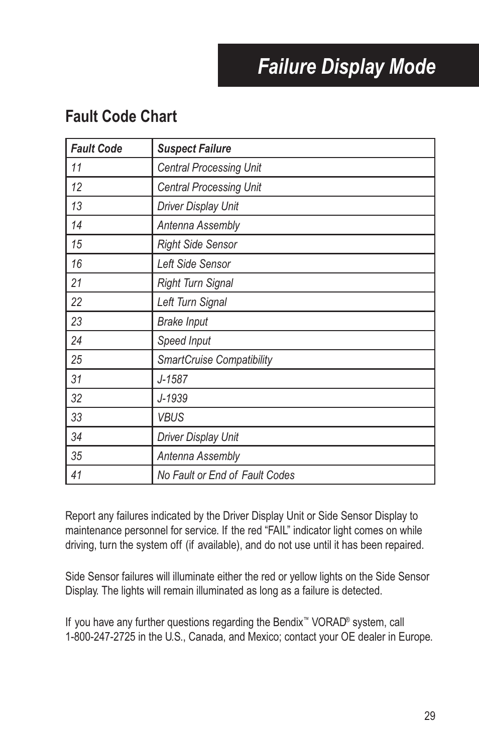 Failure display mode, Fault code chart | Bendix Commercial Vehicle Systems VORAD EVT-300 DRIVER INSTRUCTIONS User Manual | Page 33 / 36