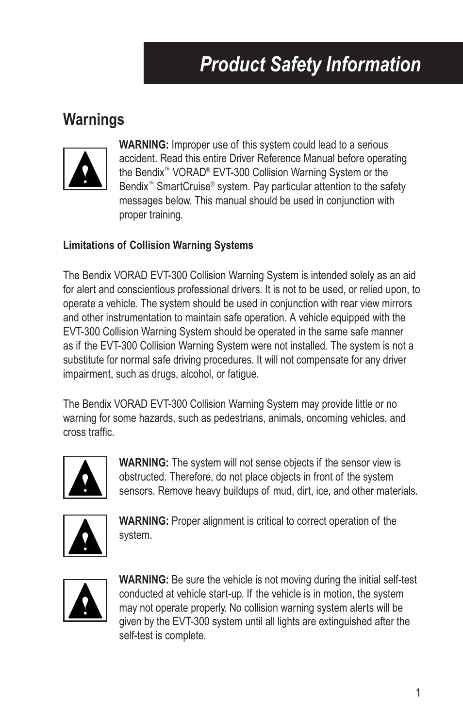 Product safety information, Warnings | Bendix Commercial Vehicle Systems VORAD EVT-300 DRIVER INSTRUCTIONS User Manual | Page 5 / 36