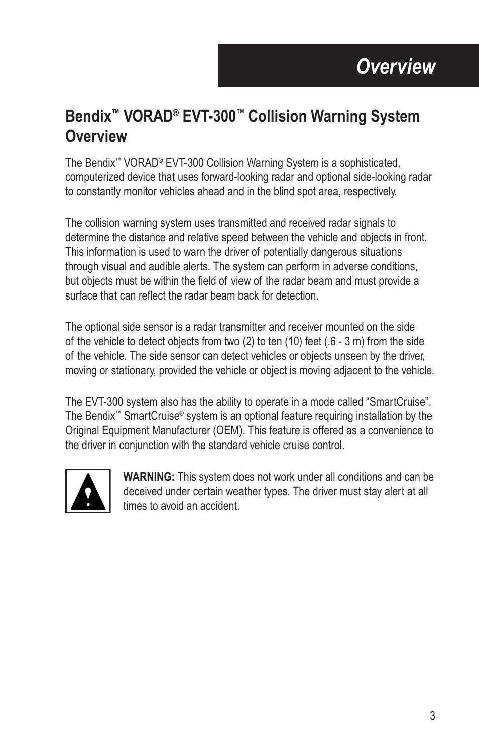 Overview, Bendix, Vorad | Evt-300, Collision warning system overview | Bendix Commercial Vehicle Systems VORAD EVT-300 DRIVER INSTRUCTIONS User Manual | Page 7 / 36