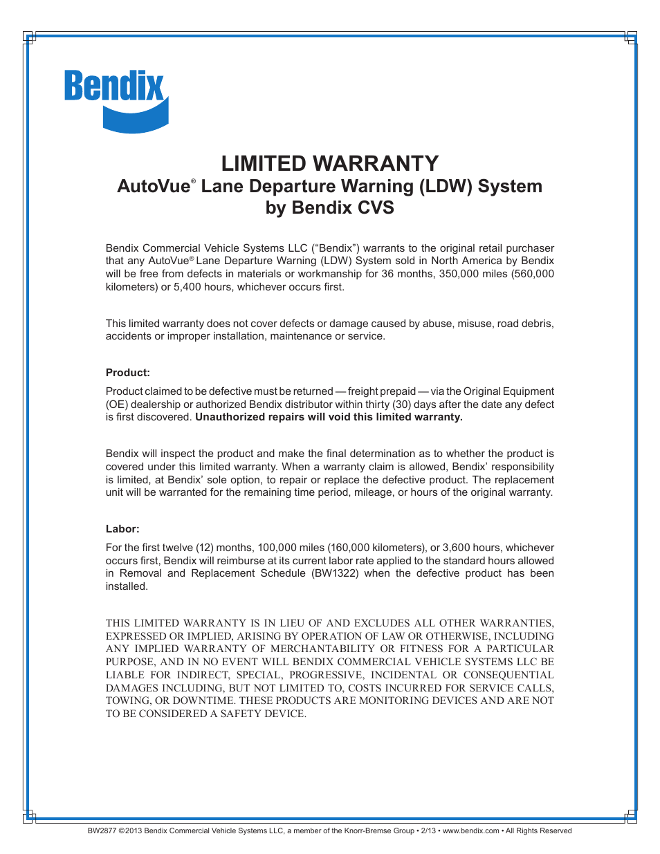 Bendix Commercial Vehicle Systems AUTOVUE WARRANTY User Manual | 1 page
