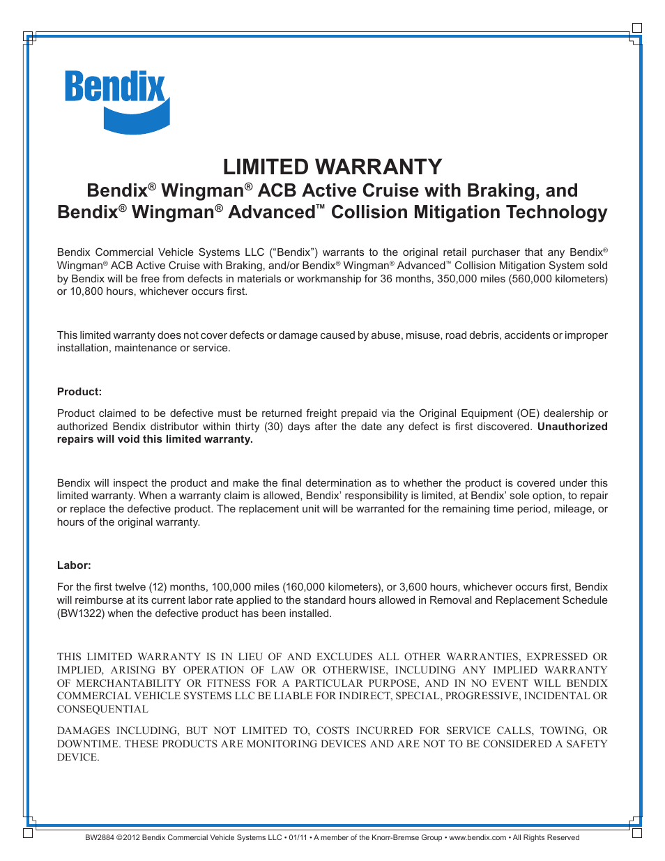 Bendix Commercial Vehicle Systems WINGMAN WARRANTY User Manual | 1 page