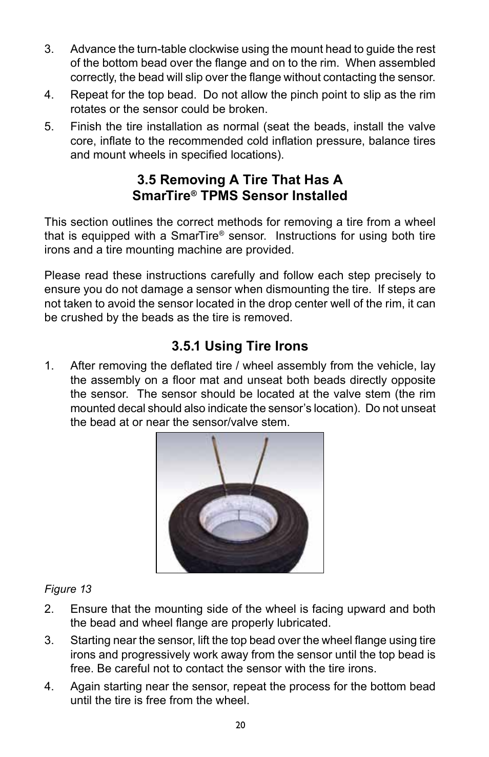 5 removing a tire that has a smartire, Tpms sensor installed, 1 using tire irons | Bendix Commercial Vehicle Systems SmarTire Trailer-Link Op Manual User Manual | Page 20 / 52