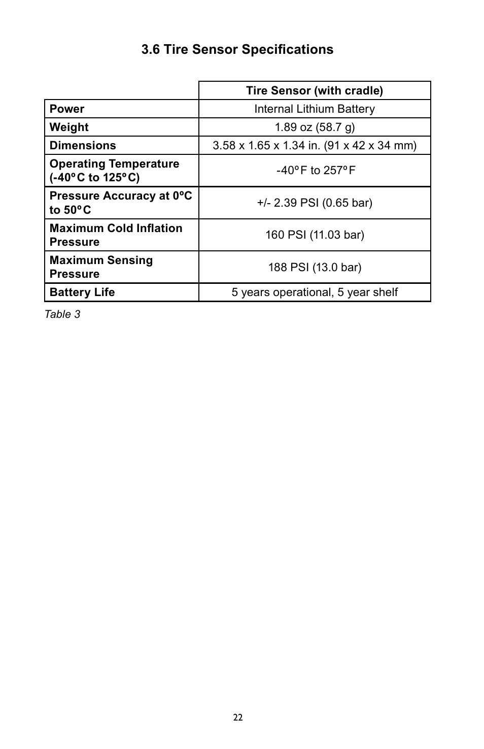 6 tire sensor specifications | Bendix Commercial Vehicle Systems SmarTire Trailer-Link Op Manual User Manual | Page 22 / 52