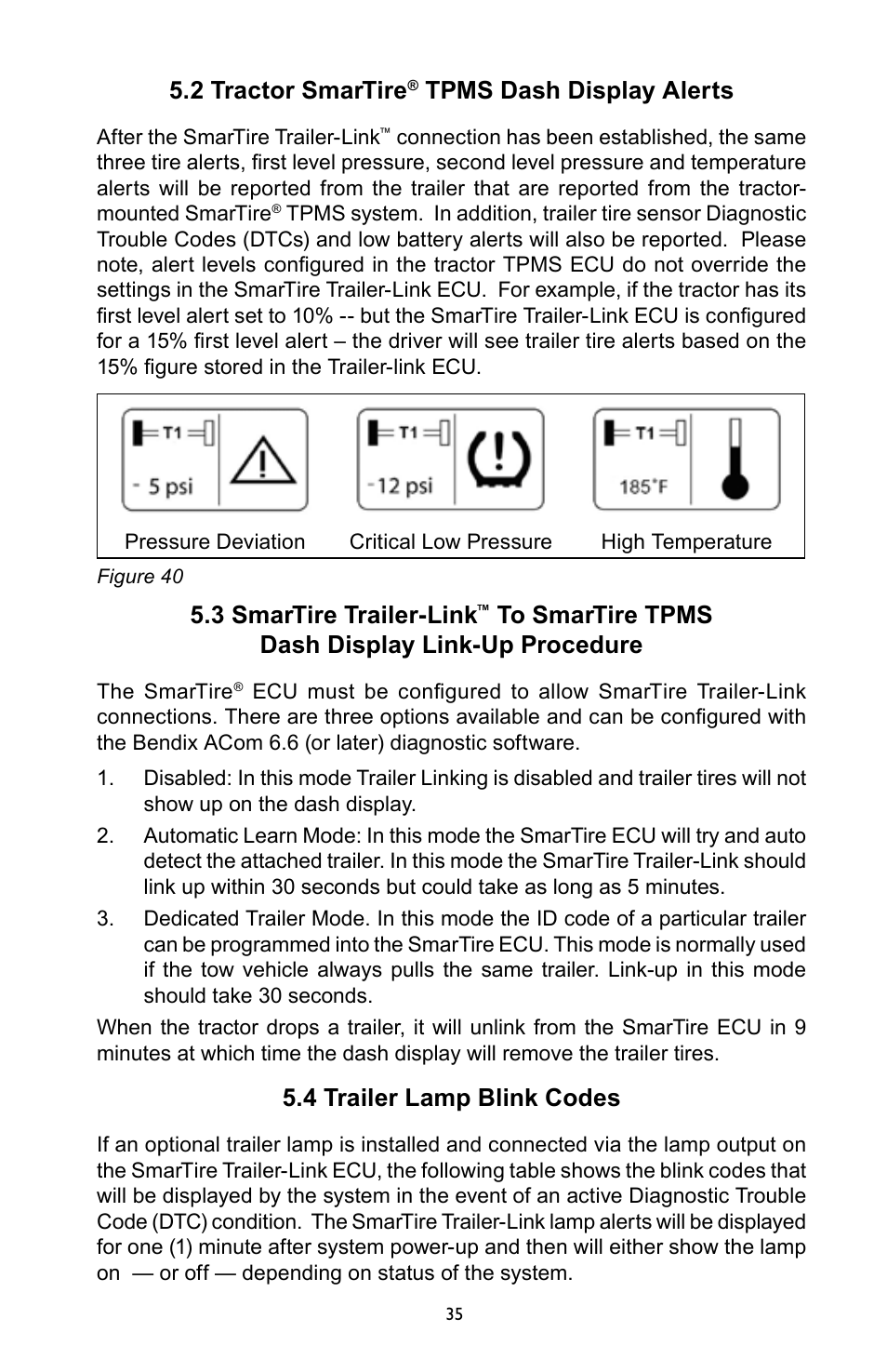 2 tractor smartire, Tpms dash display alerts, 3 smartire trailer-link | 4 trailer lamp blink codes | Bendix Commercial Vehicle Systems SmarTire Trailer-Link Op Manual User Manual | Page 35 / 52