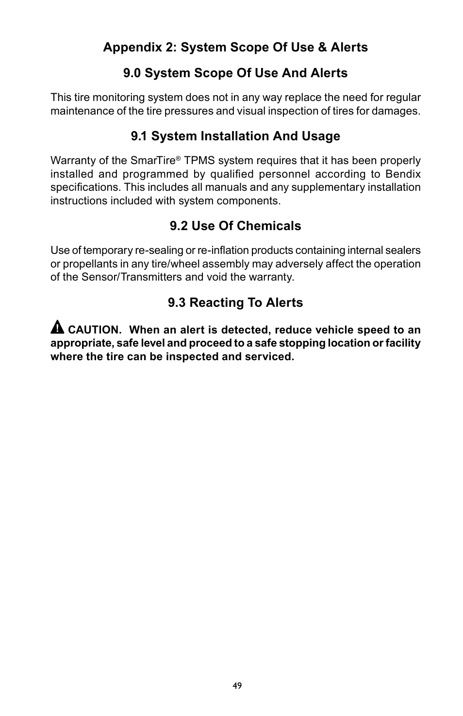 1 system installation and usage, 2 use of chemicals, 3 reacting to alerts | Bendix Commercial Vehicle Systems SmarTire Trailer-Link Op Manual User Manual | Page 49 / 52