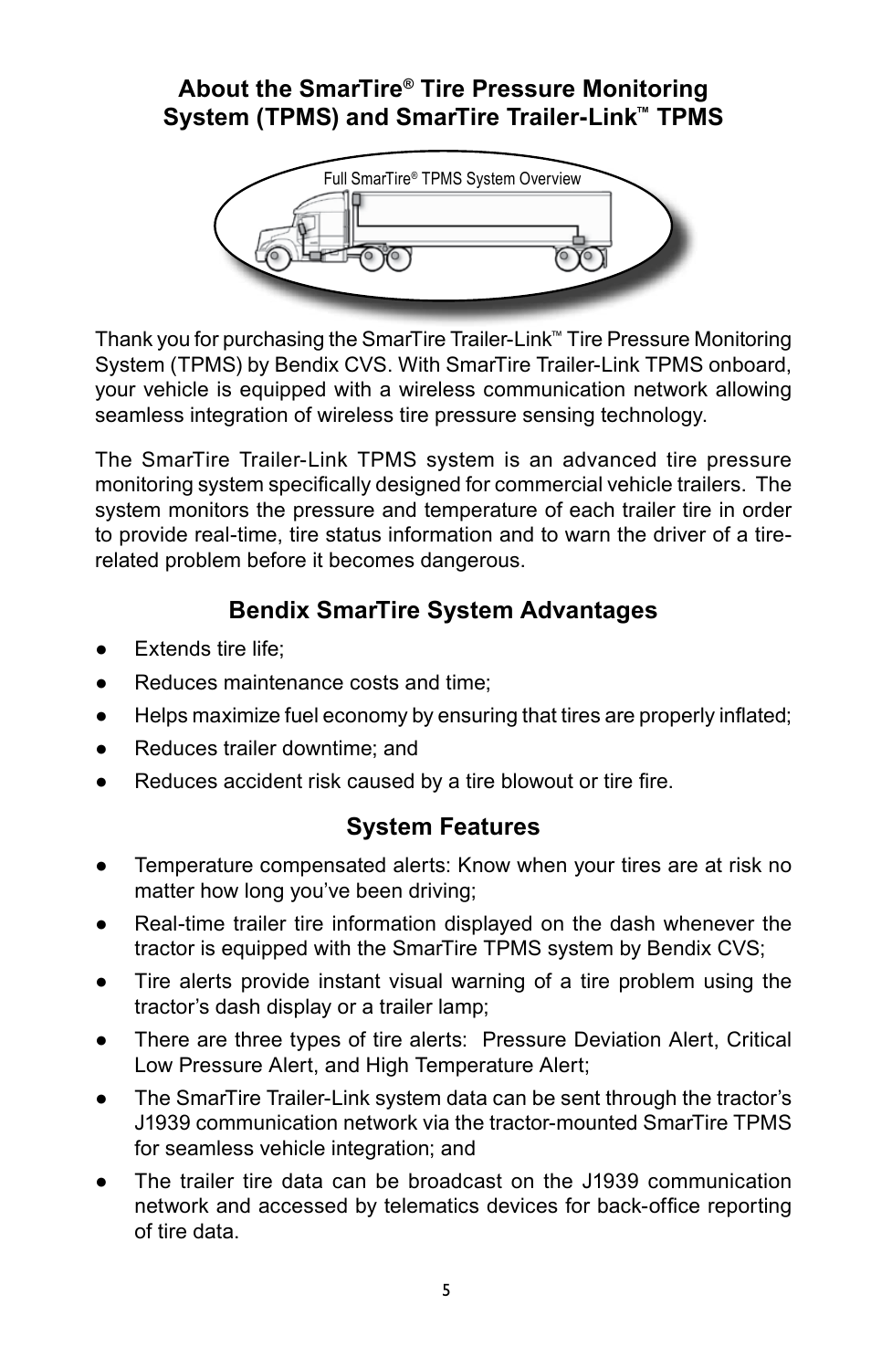 About the smartire, Tpms, Bendix smartire system advantages | System features | Bendix Commercial Vehicle Systems SmarTire Trailer-Link Op Manual User Manual | Page 5 / 52