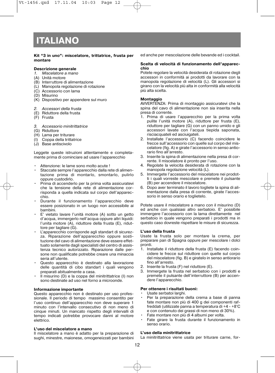 Italiano | Vitek VT-1456 User Manual | Page 13 / 32