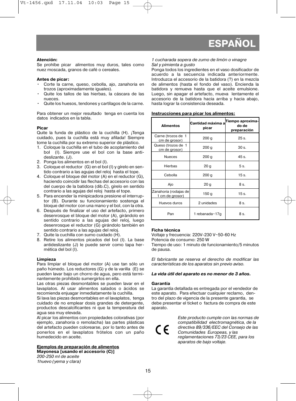 Español | Vitek VT-1456 User Manual | Page 16 / 32