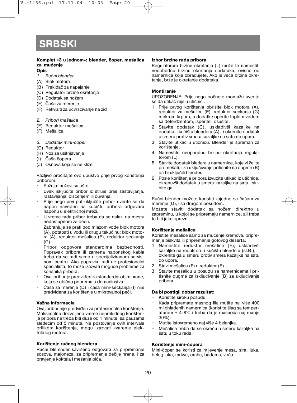 Srbski | Vitek VT-1456 User Manual | Page 21 / 32