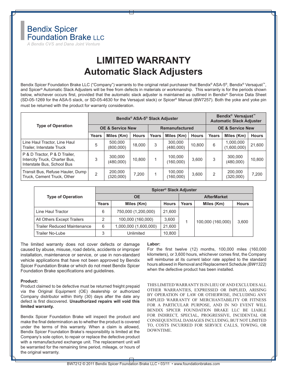 Bendix Commercial Vehicle Systems AUTOMATIC SLACK ADJUSTER User Manual | 1 page