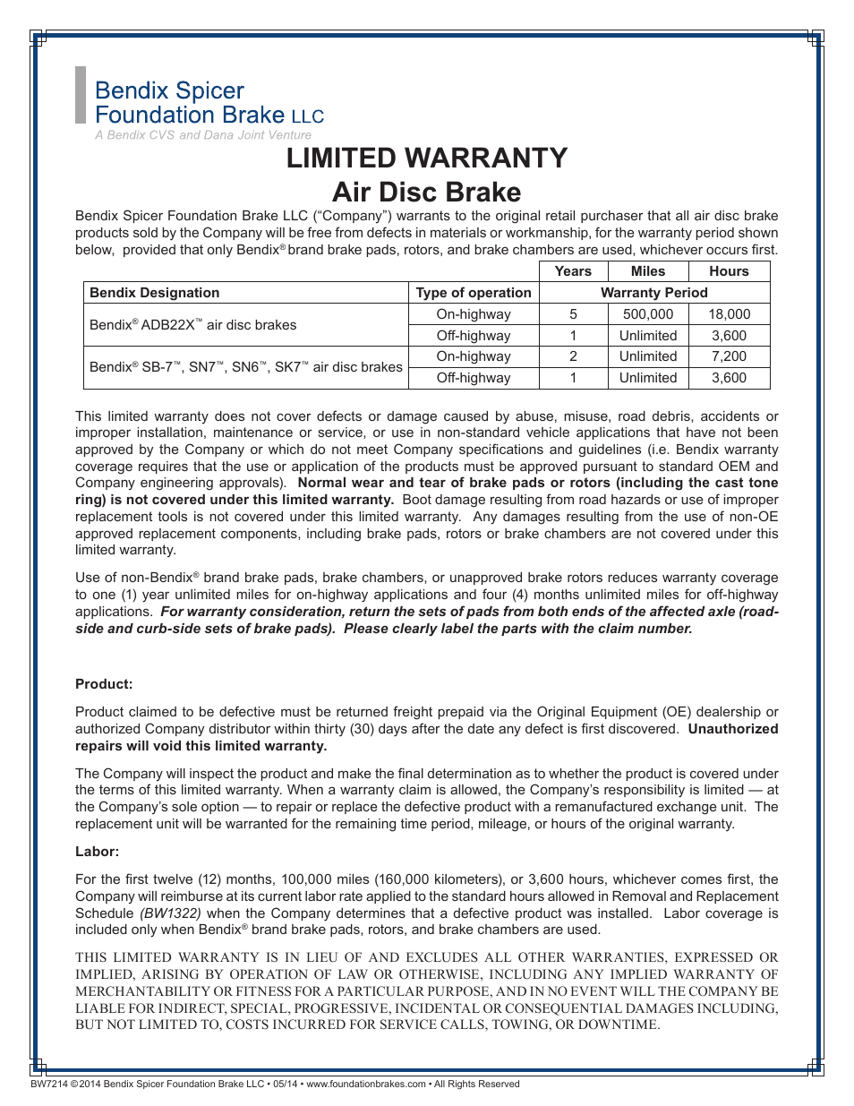 Bendix Commercial Vehicle Systems AIR DISC BRAKE User Manual | 1 page