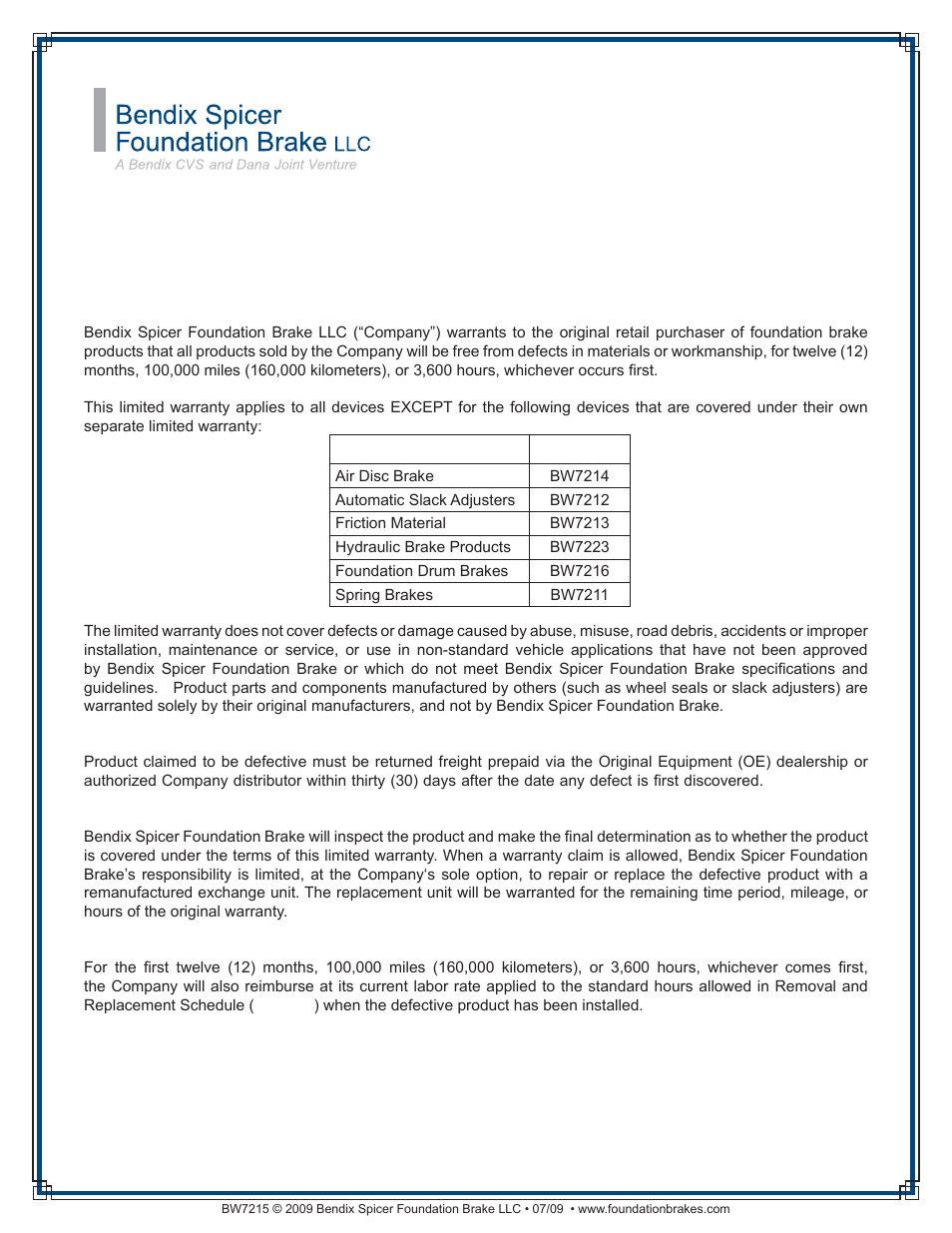 Bendix Commercial Vehicle Systems FOUNDATION BRAKE PRODUCTS User Manual | 1 page