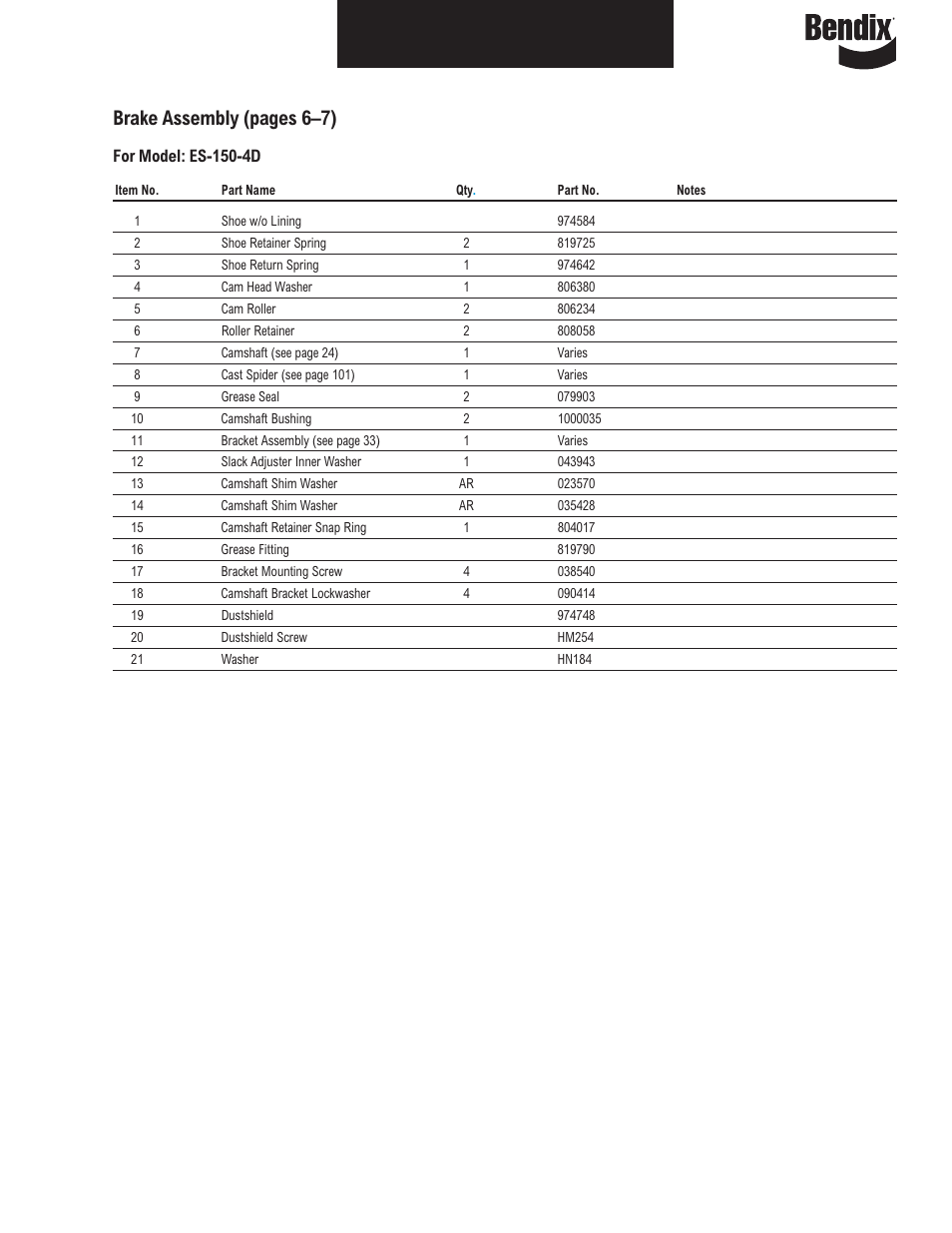 Brake assembly (pages 6–7) | Bendix Commercial Vehicle Systems ILLUSTRATED PARTS LIST BRAKES User Manual | Page 8 / 110