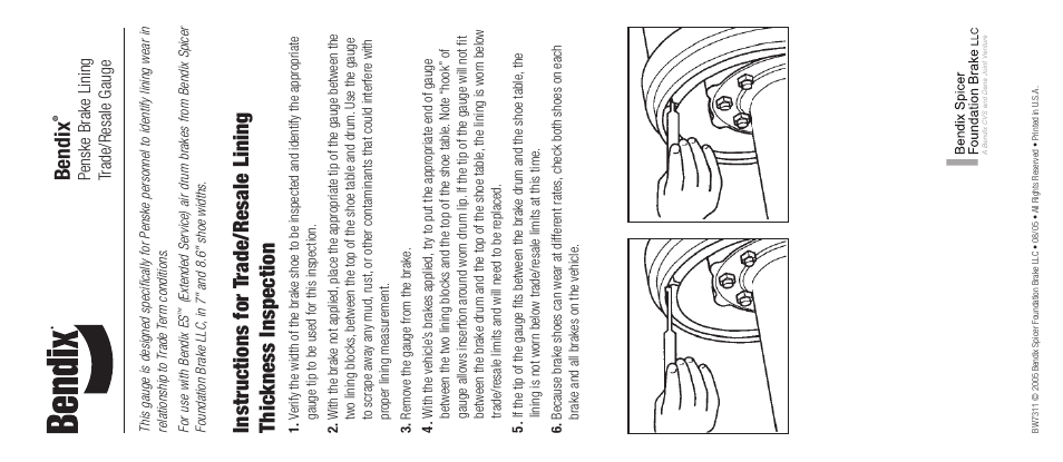 Bendix Commercial Vehicle Systems PENSKE BRAKE GAUGE AND ENVELOPE User Manual | 1 page