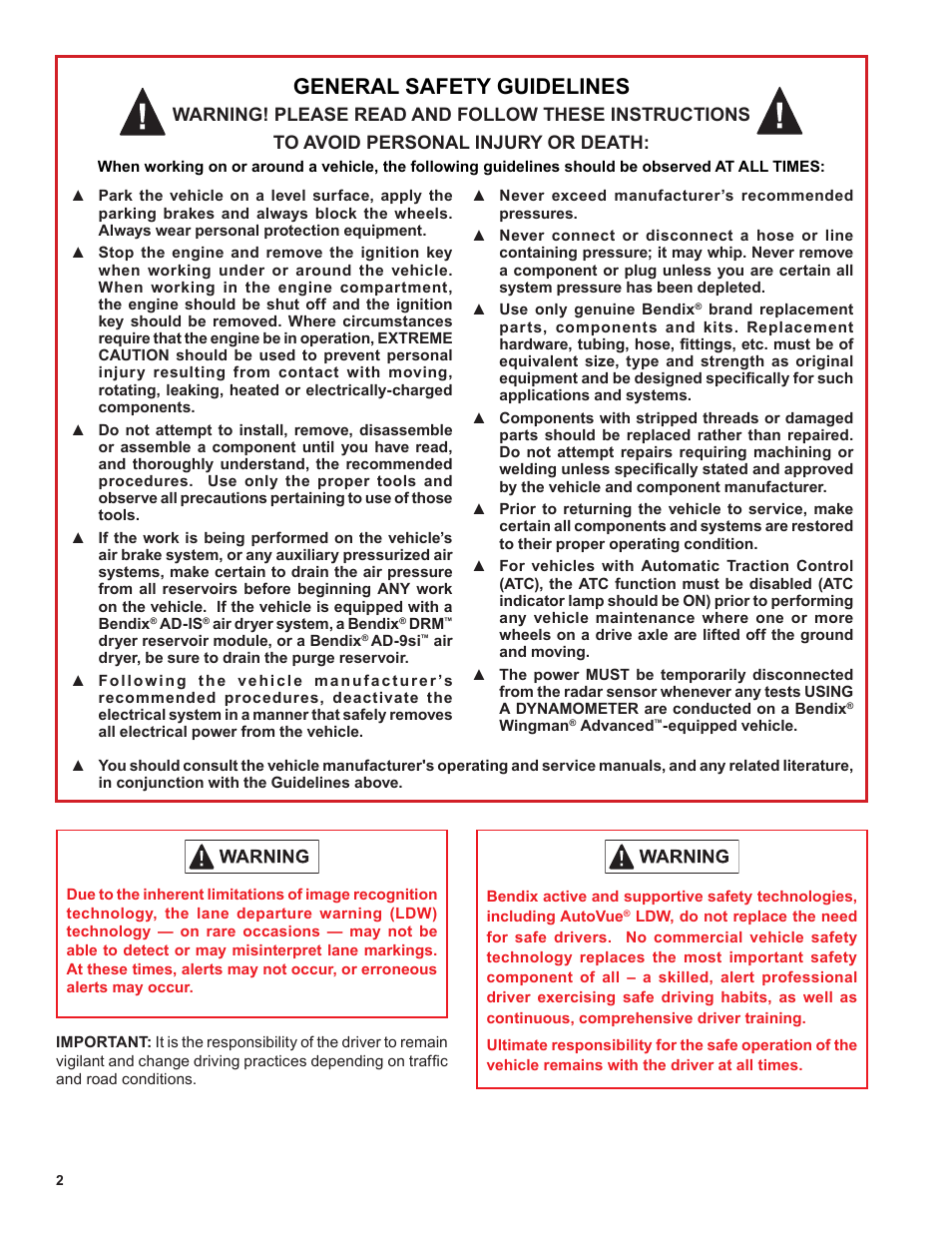 General safety guidelines | Bendix Commercial Vehicle Systems AutoVue LDW by Bendix CVS Service Data Sheet User Manual | Page 2 / 16