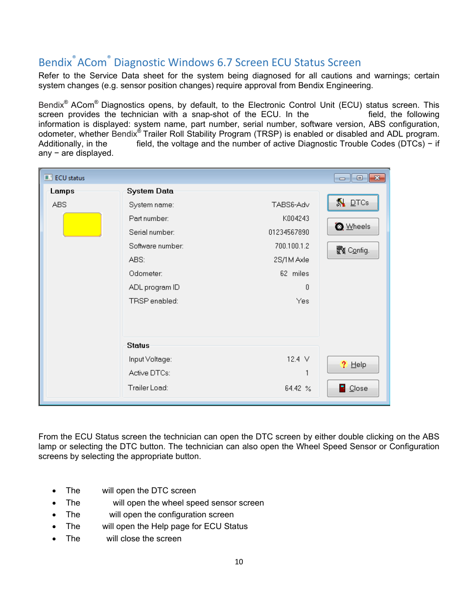 Bendix, Acom, Diagnostic windows 6.7 screen ecu status screen | Bendix Commercial Vehicle Systems ACom Diagnostics V.6.7 User Manual | Page 10 / 40