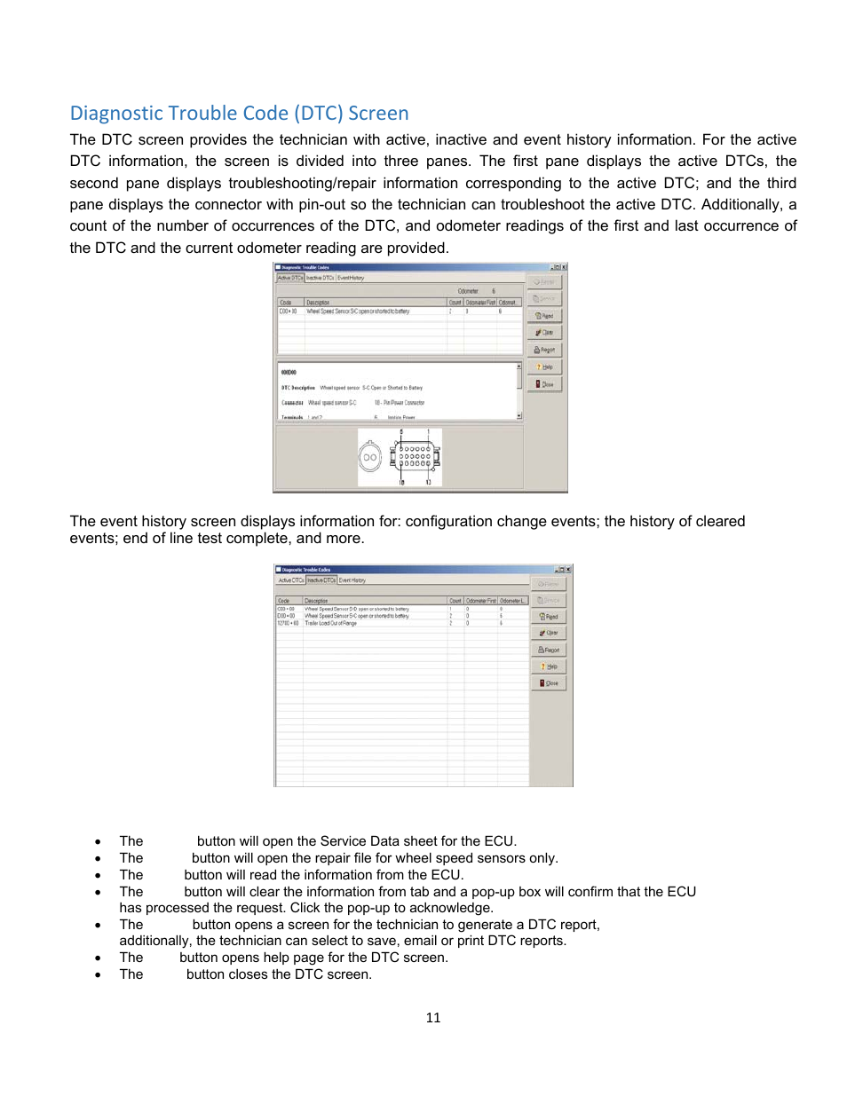 Diagnostic trouble code (dtc) screen | Bendix Commercial Vehicle Systems ACom Diagnostics V.6.7 User Manual | Page 11 / 40