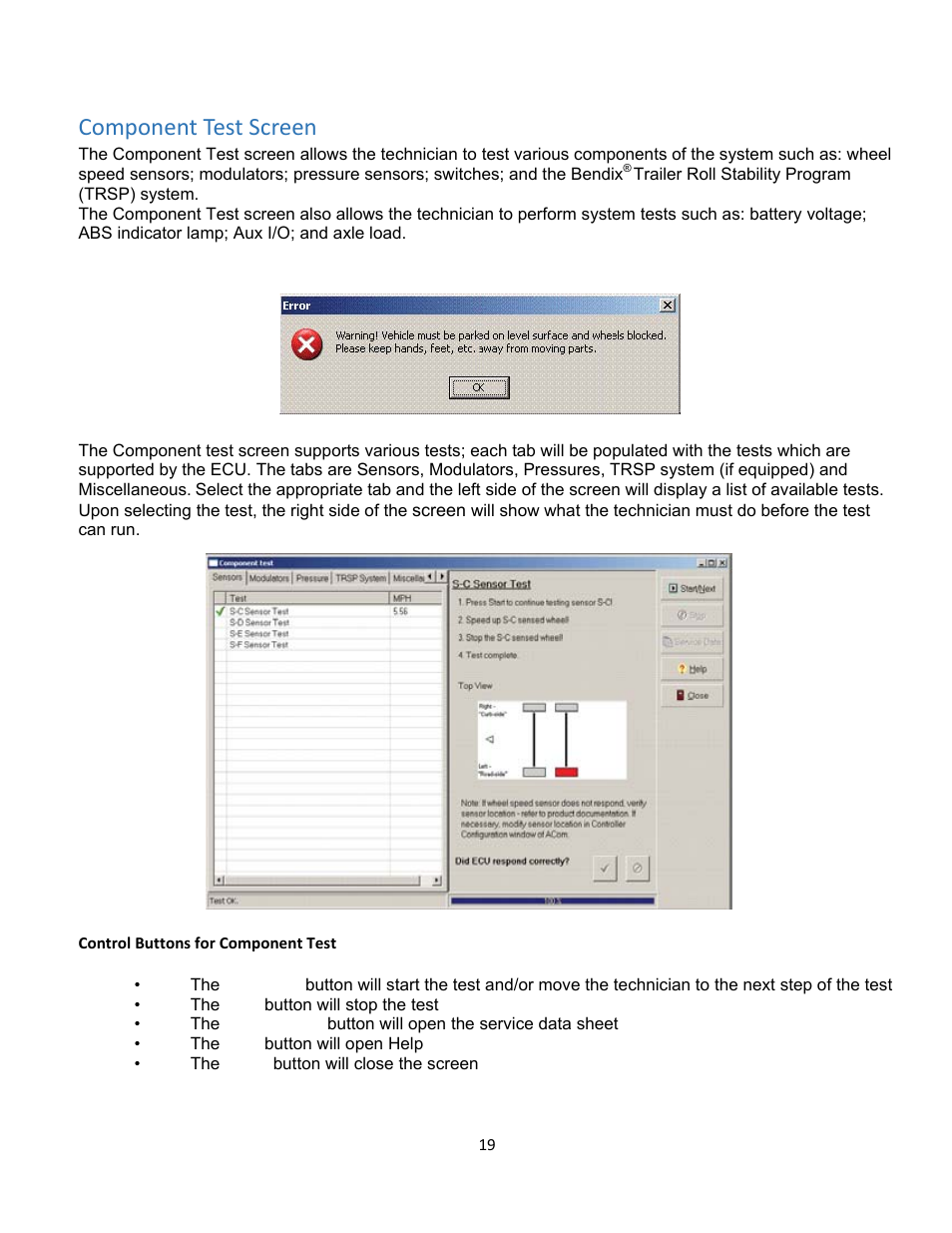 Component test screen | Bendix Commercial Vehicle Systems ACom Diagnostics V.6.7 User Manual | Page 19 / 40
